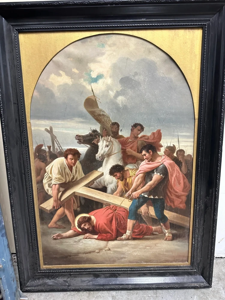 Classical-style composition with multiple figures gathered beneath an architectural arch and open sky.