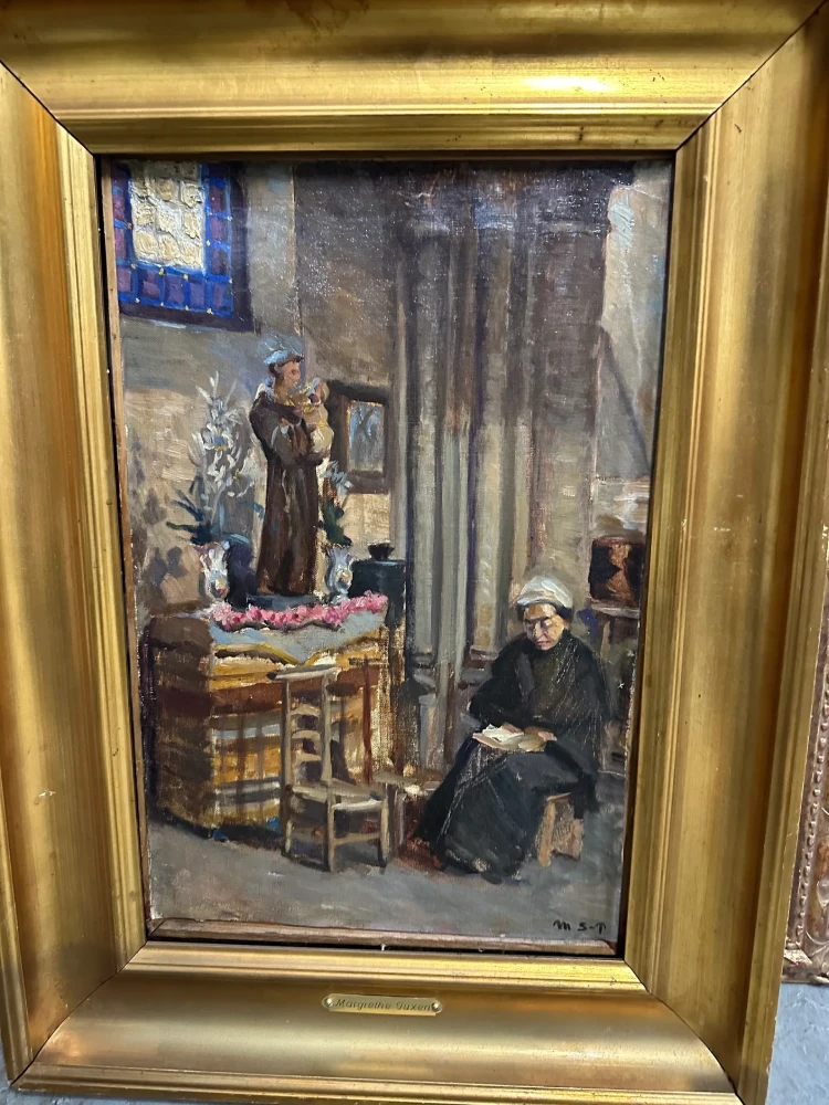 Small vertical scene showing a standing gentleman and seated woman in a detailed period interior.