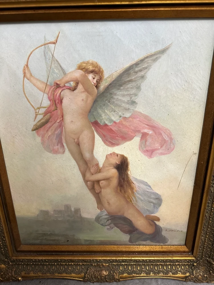 Vertical framed fantasy or allegorical scene featuring a winged female figure lifting a child above the clouds.